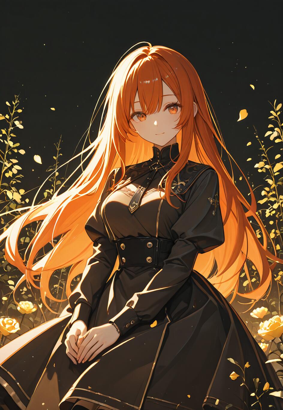 Ilustracja w stylu anime przedstawiająca Ritsukę Fujimaru (Gudako) z serii Fate/Grand Order – młodą kobietę o długich, lśniących, pomarańczowych włosach i bursztynowych oczach, ubraną w elegancką, czarną sukienkę, stojącą w mrocznym ogrodzie pełnym złotych róż.