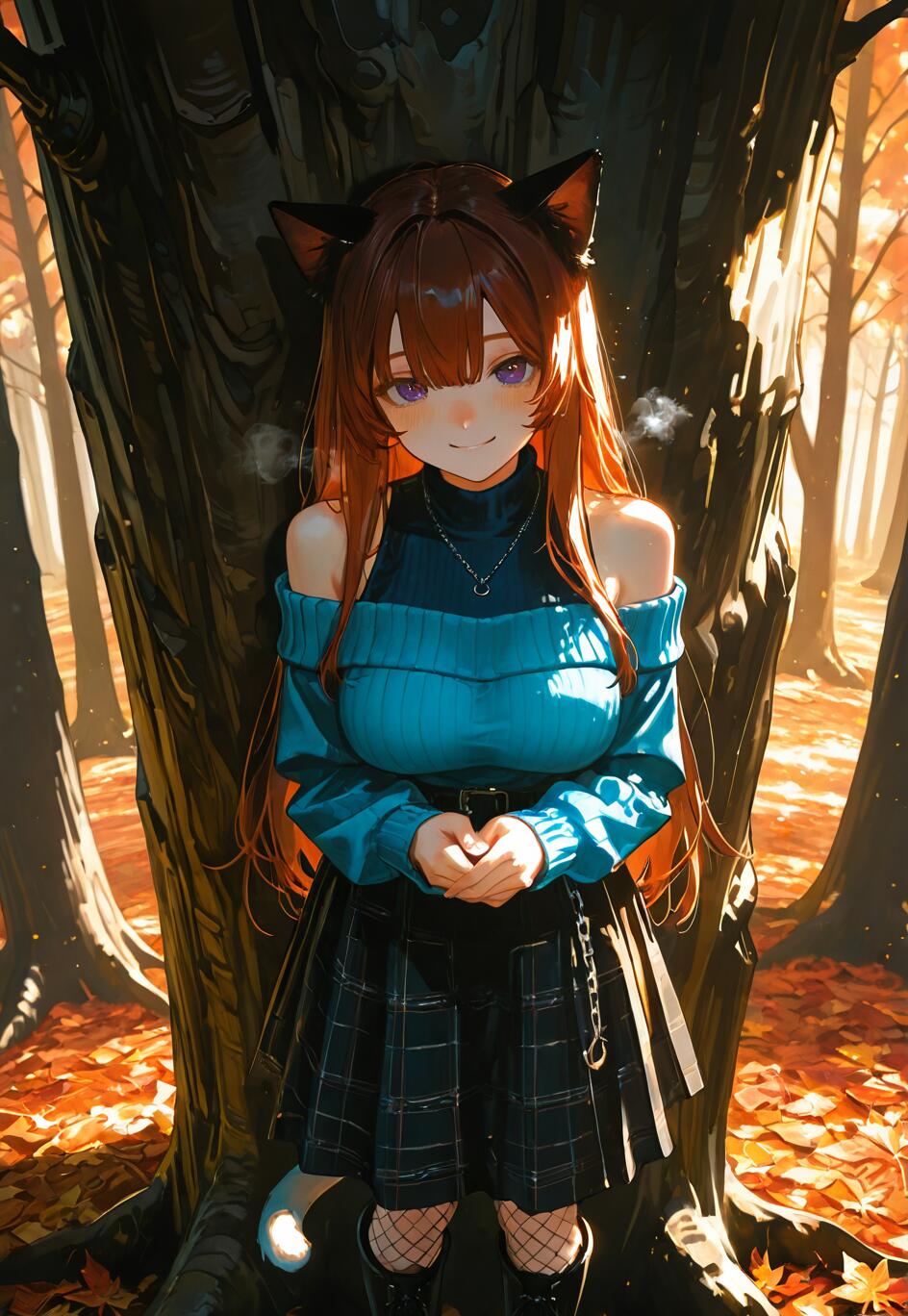 Ilustracja przedstawiająca dziewczynę w stylu anime, przypominającą kota, z długimi brązowymi włosami i fioletowymi oczami. Ma na sobie niebieski sweter z odkrytymi ramionami i plisowaną spódnicę. Stoi w jesiennym lesie, na tle dużego drzewa.