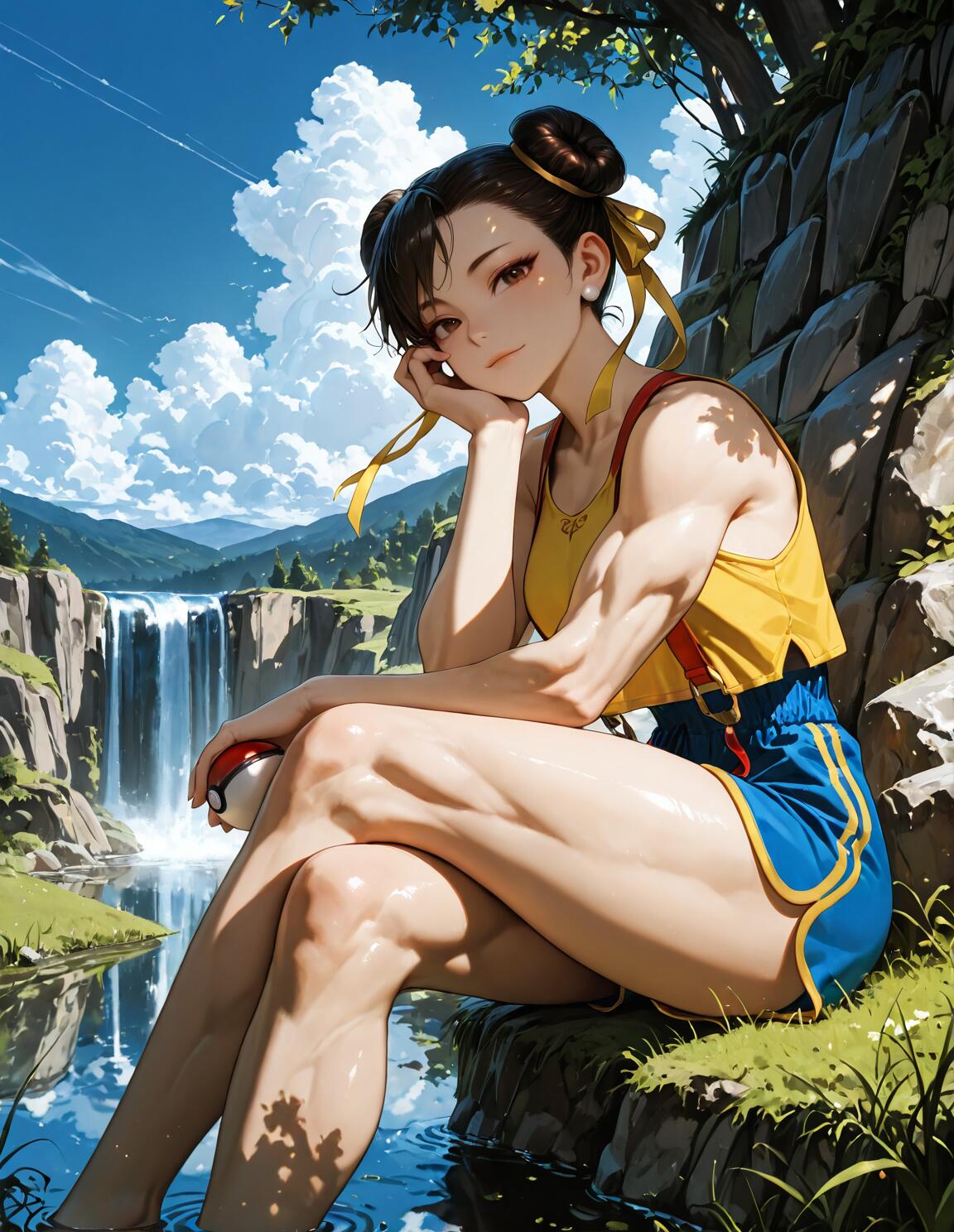 Chun-Li z gry Street Fighter siedzi nad jeziorem w słonecznym, naturalnym otoczeniu, w pobliżu wodospadu. Jest ubrana jak trener Pokémon, ma na sobie żółtą bluzkę i niebieskie spodenki, trzyma w ręku Poké Ball i uśmiecha się do widza.