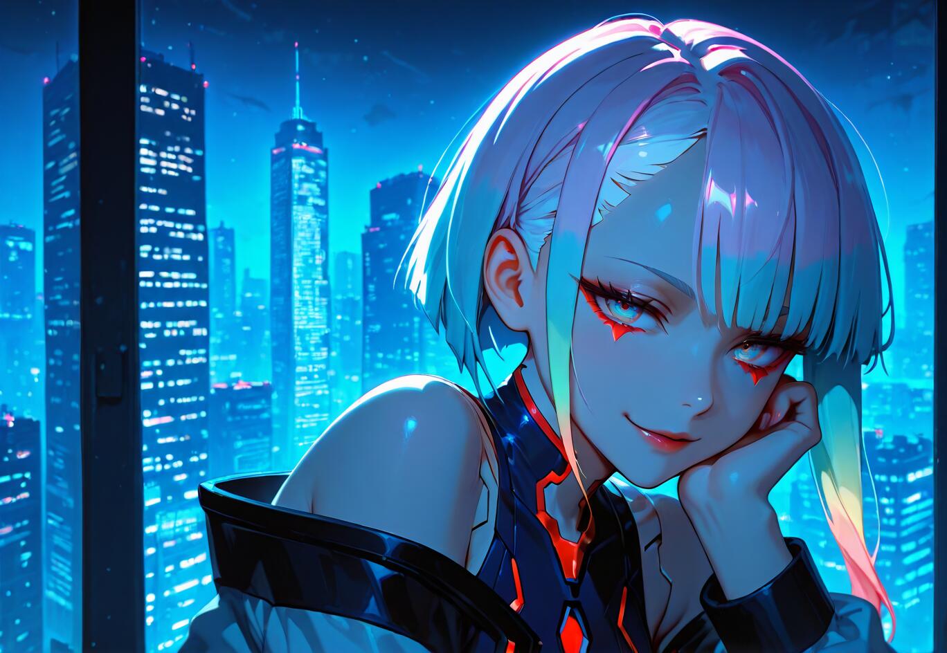 Ilustracja w stylu anime przedstawiająca Lucy z serialu „Cyberpunk: Edgerunners” – młodą kobietę z krótkimi, białymi włosami, przeplatanymi kolorowymi pasmami, która spogląda na widza z uśmiechem. Stoi przed oknem, z którego roztacza się widok na futurystyczną panoramę miasta nocą.