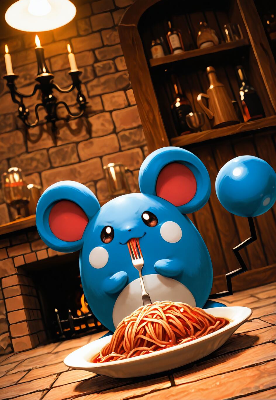 Pokémon Marill, okrągłe, niebieskie stworzenie z dużymi uszami, siedzi przy drewnianym stole w przytulnym pomieszczeniu i z apetytem je dużą porcję spaghetti, trzymając widelec w pysku. W tle widać ciepły kominek i półkę z butelkami.