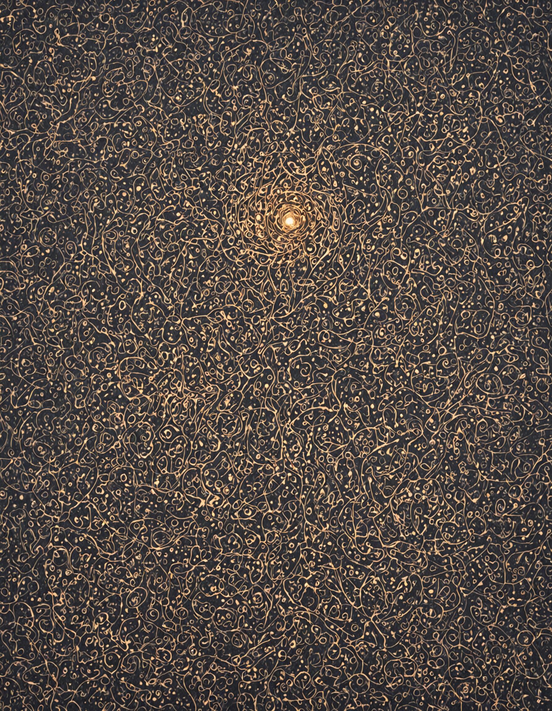 Abstrakcyjny obraz, którego ciemne tło pokryte jest gęstą, skomplikowaną siecią wirujących złotych linii i kropek. W górnej części obrazu, na środku, znajduje się pojedyncza, jasna, świecąca kula światła, która stanowi główny punkt centralny.