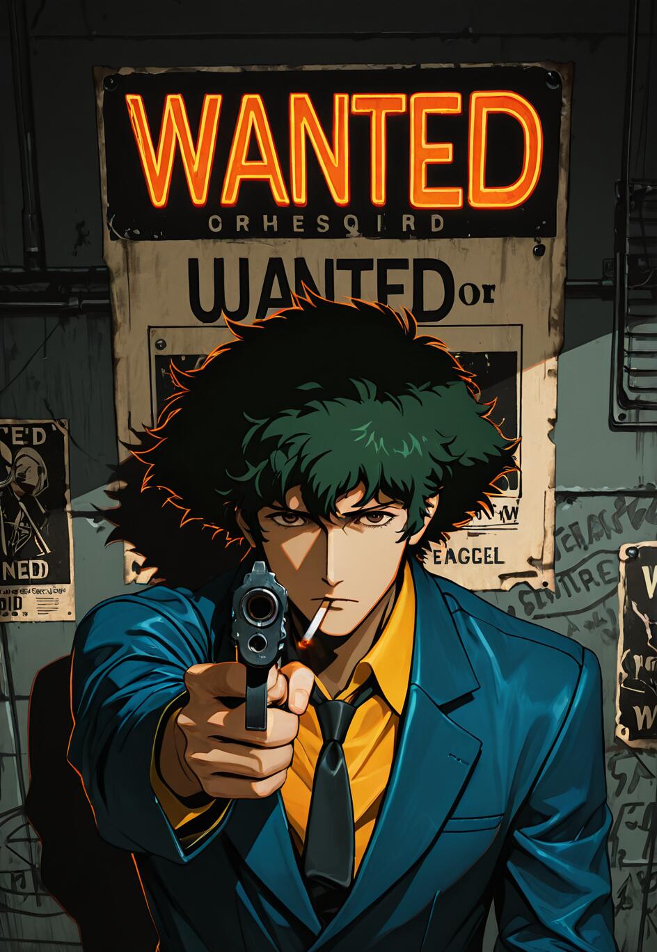 Ilustracja w stylu anime przedstawiająca Spike'a Spiegela z serialu „Cowboy Bebop”, który celuje pistoletem w stronę kamery. Ma potargane, ciemnozielone włosy, w ustach trzyma papierosa i jest ubrany w niebieski garnitur. Za nim znajduje się ściana z dużym, neonowym napisem „POSZUKIWANY”.