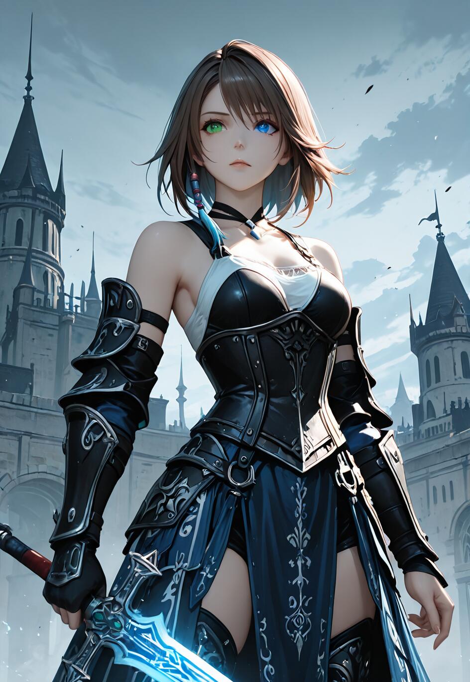 Ilustracja w stylu anime przedstawiająca Yunę z gry Final Fantasy X, ubraną w zbroję rycerza. Ma krótkie, brązowe włosy, jedno zielone oko i jedno niebieskie, a w dłoni trzyma świecący, niebieski miecz. W tle widać duży zamek w stylu gotyckim.