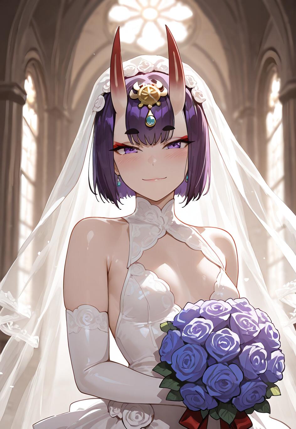 Shuten Douji z gry Fate/Grand Order, ubrana w białą suknię ślubną i welon, uśmiecha się w kościele, trzymając w ręku bukiet niebieskich róż.
