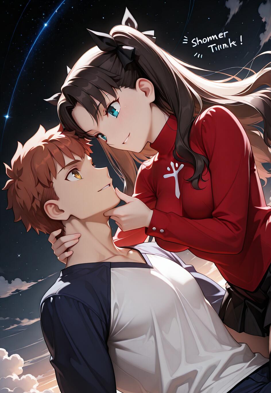 Ilustracja w stylu anime przedstawiająca Rin Tohsaka i Shirou Emiya z serii Fate/stay night, ukazana w romantycznej chwili. Rin, z długimi, ciemnymi włosami i czerwonym swetrem, spogląda na Shirou i trzyma jego brodę. Shirou, z kasztanowymi włosami, patrzy na nią. W tle widać ciemne, gwiaździste nocne niebo z chmurami.