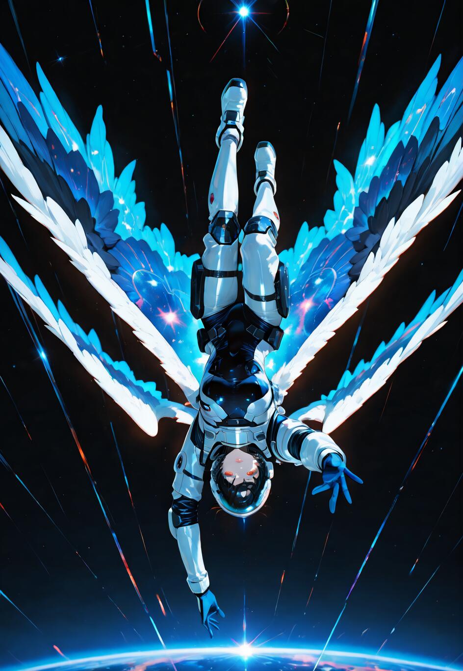 Fujimaru Ritsuka z serii Fate/Grand Order, przedstawiony jako astronauta z dużymi, niebiesko-białymi skrzydłami, unoszący się do góry nogami w przestrzeni kosmicznej nad planetą i wyciągający rękę w stronę widza.