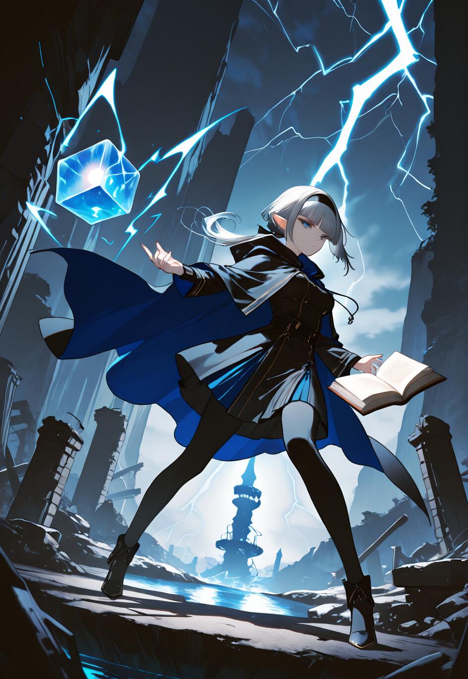 Ilustracja przedstawiająca elfkę o srebrnych włosach w ciemnoniebieskim płaszczu i czarnym stroju, stojącą w dynamicznej pozie na tle zrujnowanego krajobrazu. Trzyma w ręku książkę i rzuca zaklęcie na unoszący się niebieski sześcian, podczas gdy za nią, na burzliwym niebie, rozbłyskują błyskawice.