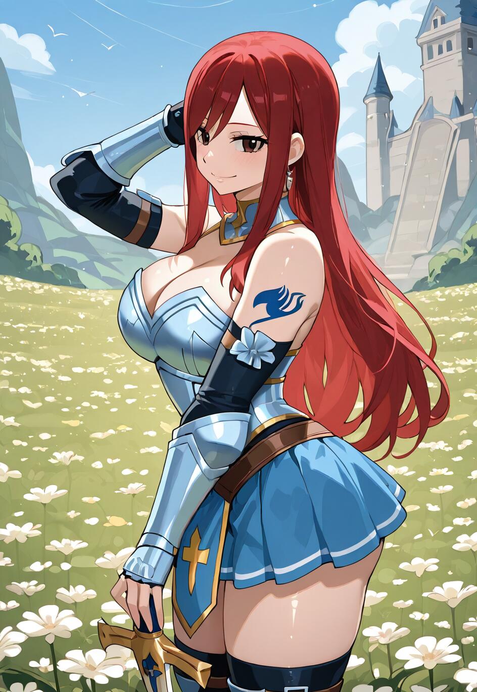 Erza Scarlet z serii „Fairy Tail”, wojowniczka o czerwonych włosach, ubrana w srebrno-niebieską zbroję i niebieską spódnicę, stoi uśmiechnięta na łące pełnej białych kwiatów, a w tle widać zamek. W ręku trzyma miecz.