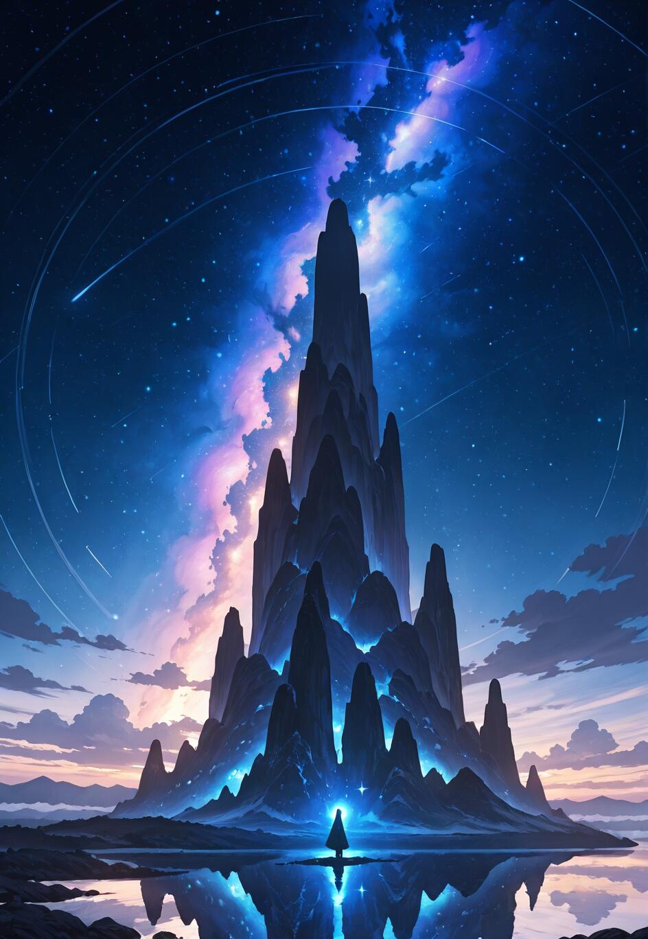 Samotna postać w płaszczu stoi przed ogromną, poszarpaną górą, a nad nią rozciąga się kolorowe, pełne gwiazd nocne niebo, na którym widoczna jest mgławica. Wszystko to odbija się w spokojnej wodzie poniżej.