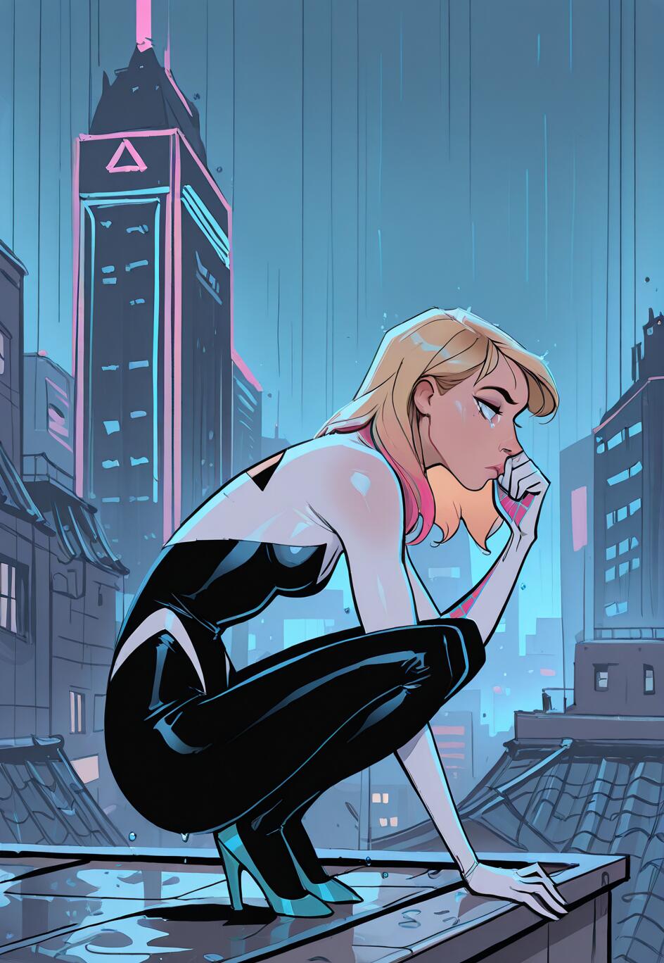 Gwen Stacy w roli Spider-Gwen, ubrana w swój charakterystyczny czarno-biały kostium, siedzi skulona w zadumie na mokrym dachu w deszczowym, oświetlonym neonami mieście nocą.