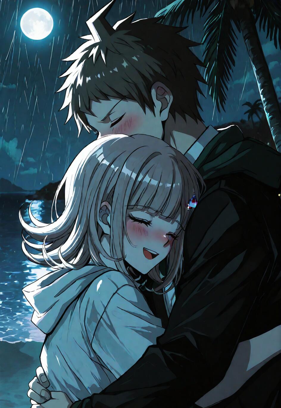 Ilustracja przedstawiająca postacie z anime Danganronpa – Hadżime Hinatę i Chiaki Nanami – w czułym uścisku na deszczowej plaży nocą, w tle widoczny jest pełny księżyc i palmy.