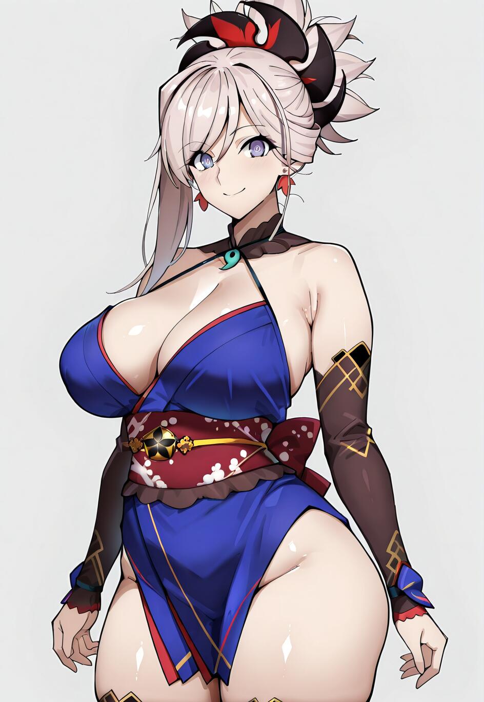 Ilustracja w stylu anime przedstawiająca Miyamoto Musashiego z serii Fate/Grand Order. Na obrazku widać ją uśmiechniętą, odzianą w niebieskie kimono, brązowe ochraniacze na ramiona, a jej włosy są spięte w wysoki kucyk.