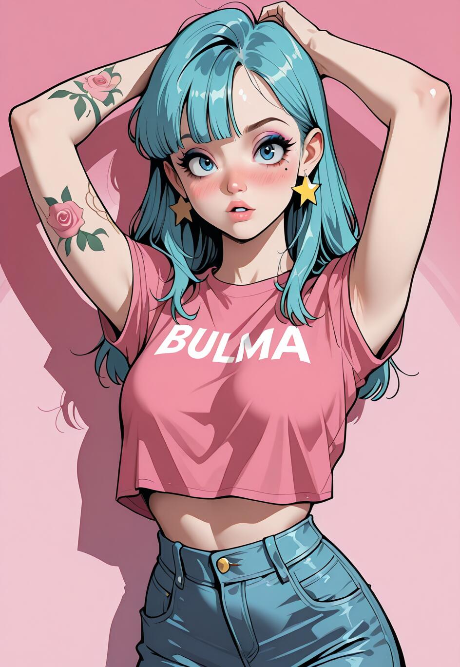 Ilustracja w stylu anime przedstawiająca Bulmę z serii Dragon Ball, z niebieskimi włosami i niebieskimi oczami. Ma na sobie różowy, króciutki top z napisem „BULMA”, niebieskie jeansy i kolczyki w kształcie gwiazdek. Na ramieniu ma tatuaże w kształcie róż, a na ilustracji pozuje, opierając ręce za głową, na tle w odcieniach różu.