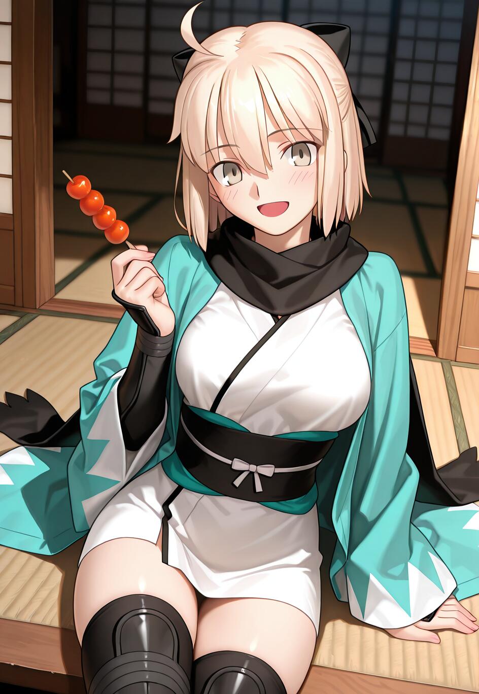 Okita Souji, postać z anime z serii Fate/Grand Order, młoda kobieta o krótkich, blond włosach i czarnej kokardzie, siedzi na macie tatami, ubrana w turkusowy haori i białe kimono, uśmiecha się i trzyma w ręku szaszłyk z pomarańczowymi pierożkami dango.