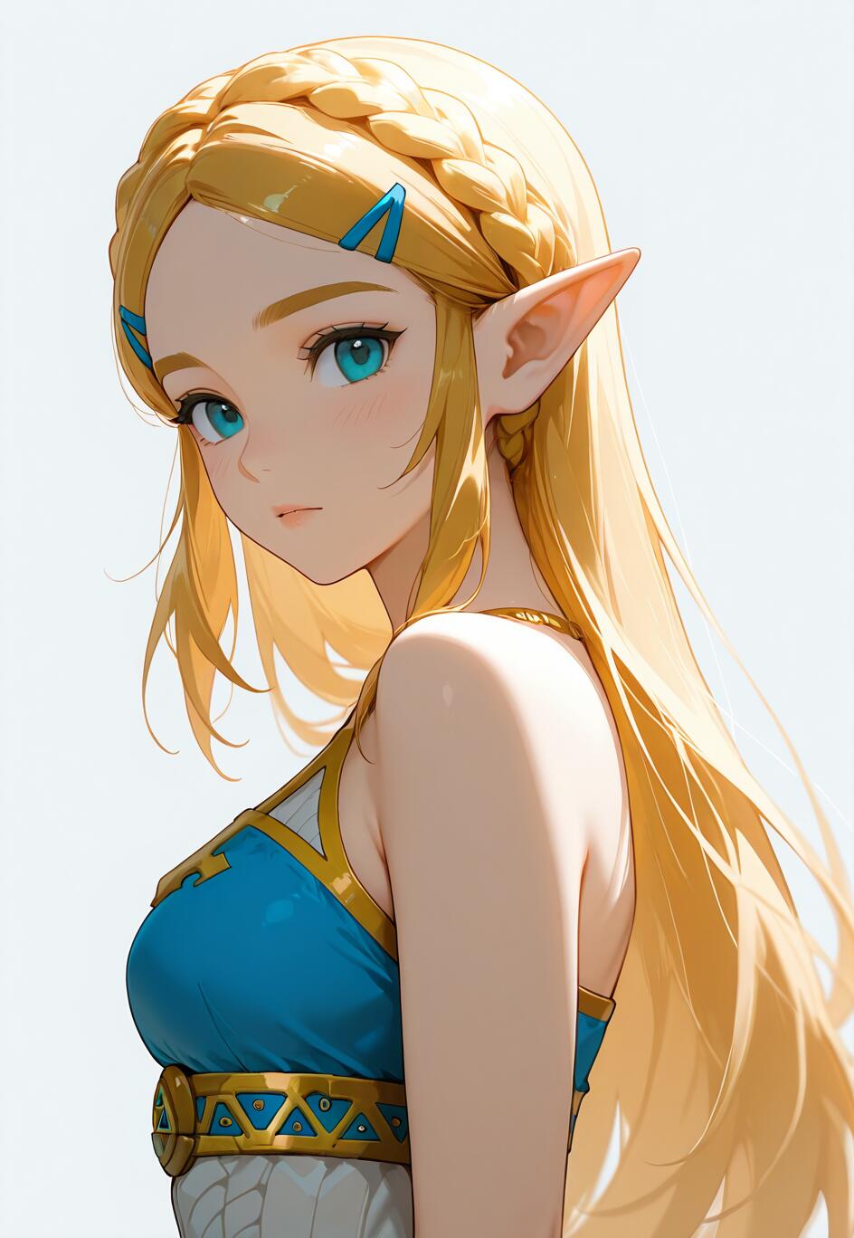Ilustracja w stylu anime przedstawiająca księżniczkę Zeldę z serii gier „The Legend of Zelda”. Ma długie, blond włosy splecione w warkocz, niebieskie oczy i spiczaste uszy. Spogląda przez ramię, ubrana w niebiesko-złoty strój.