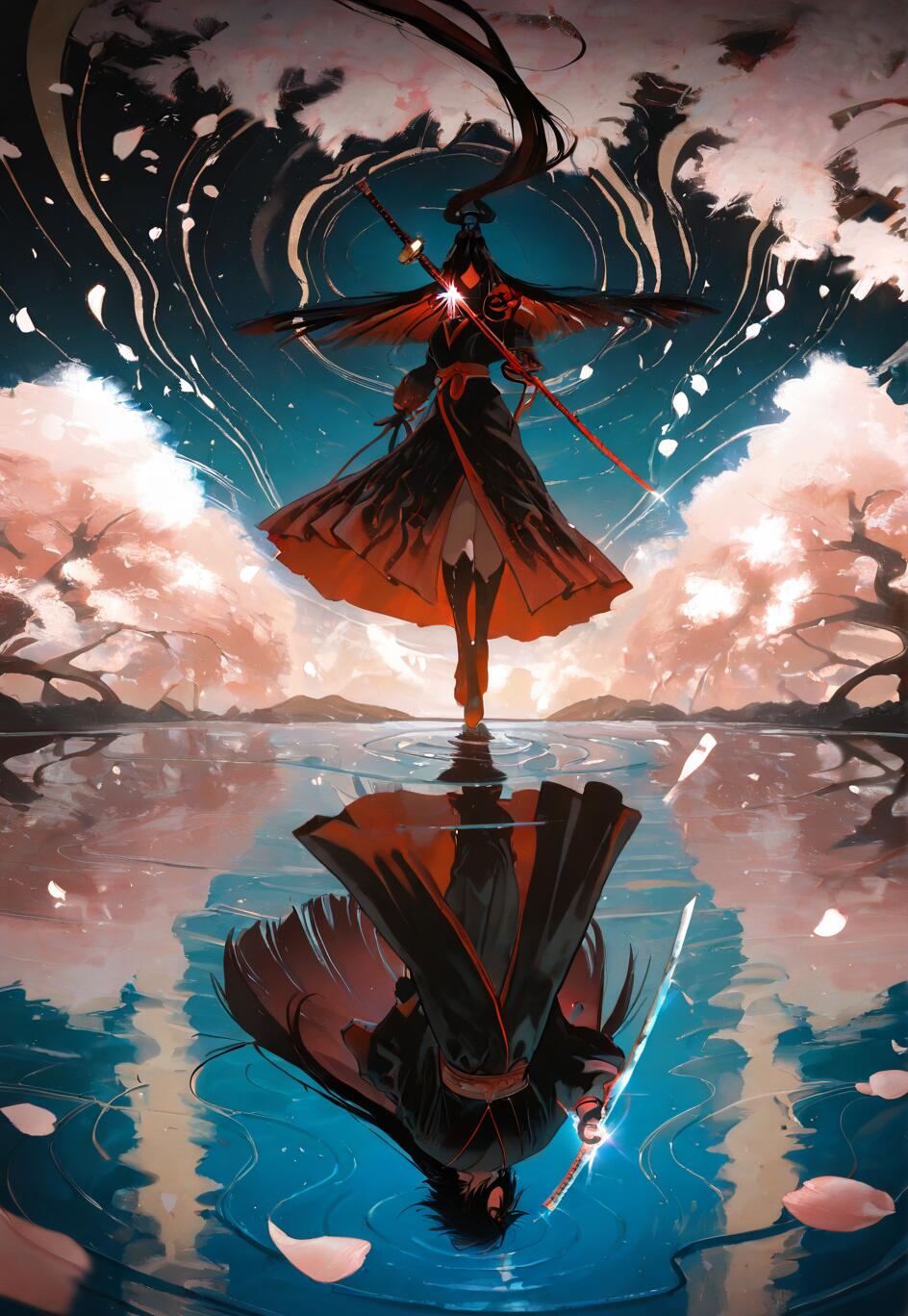 Ilustracja w stylu anime przedstawiająca Sasuke Uchihę z serii Naruto, stojącego na wodzie pod nocnym niebem, w tle widać drzewa wiśni. Jego odbicie w wodzie ukazuje jego prawdziwą twarz, tworząc motyw dualizmu.