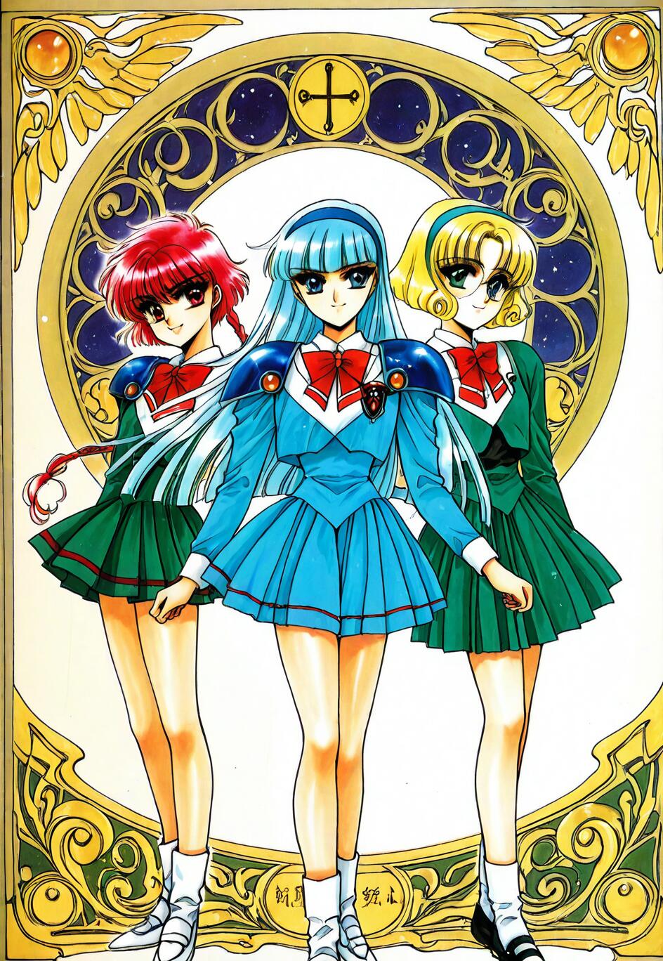 Ilustracja przedstawiająca Hikaru Shidou, Umi Ryuuzaki i Fuu Hououji w pełnym ubraniu, bohaterki serii „Magic Knight Rayearth”. Hikaru ma czerwone włosy, Umi niebieskie, a Fuu blond włosy i nosi okulary. Są ubrane w opancerzone mundury szkolne i stoją przed dużym, złotym, bogato zdobionym, okrągłym ramieniem.