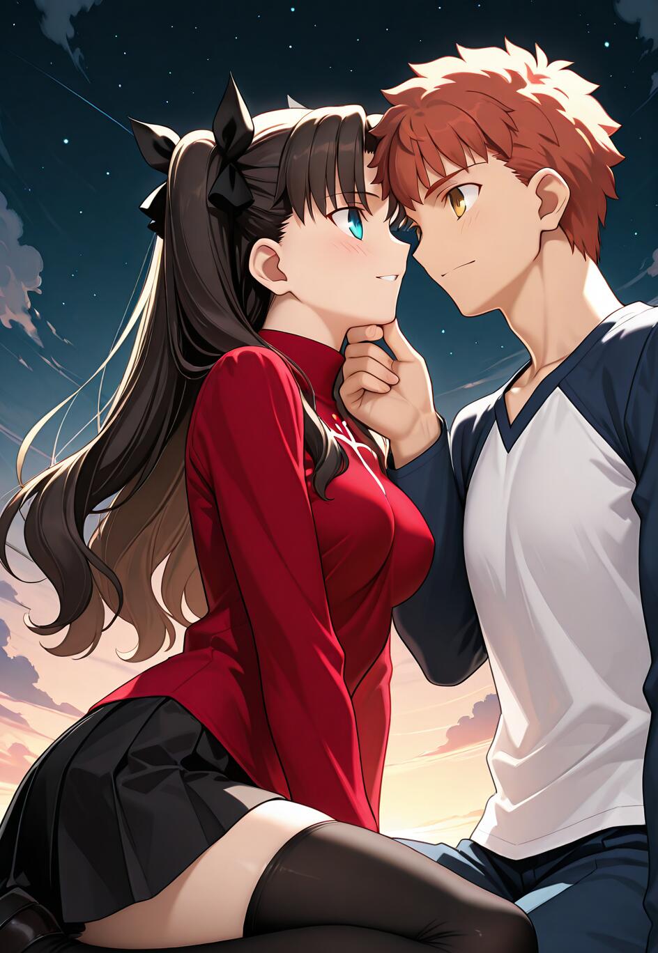 Ilustracja w stylu anime przedstawiająca Rin Tohsakę i Shirou Emiyę z serii Fate/stay night, ukazująca ich romantyczną chwilę. Shirou trzyma dłoń na podbródku Rin, a oboje patrzą sobie w oczy pod rozgwieżdżonym nocnym niebem.