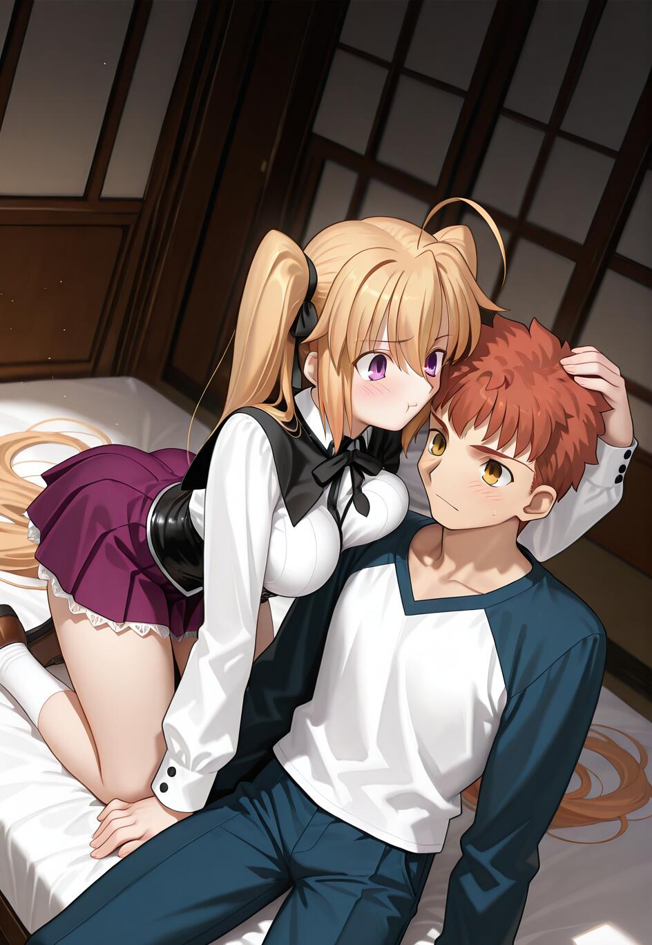 Ilustracja w stylu anime przedstawiająca połączenie światów serii „Fate/stay night” i „High School DxD”. Irina Shidou, blondynka z dwoma kucykami, klęczy na łóżku i pochyla się nad Shirou Emiyą, rudowłosym chłopcem, głaszcząc go po głowie. On leży i patrzy na nią, lekko zarumieniony.