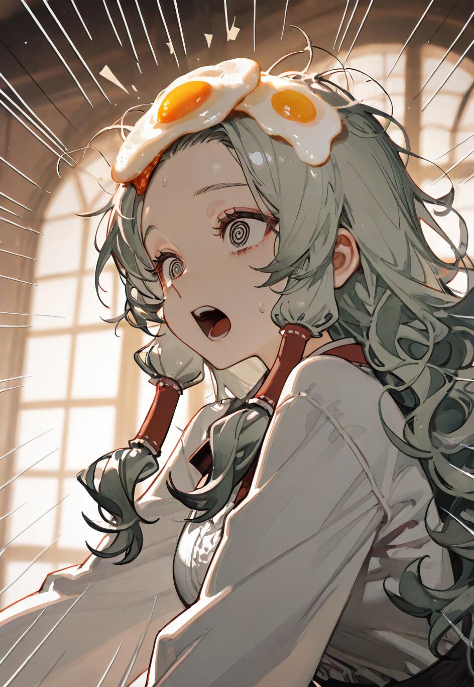 Dziewczyna w stylu anime, o falujących, jasnozielonych włosach i spiralnych oczach, wyraża zaskoczenie otwartymi ustami, a na jej głowie leżą dwa smażone jajka.