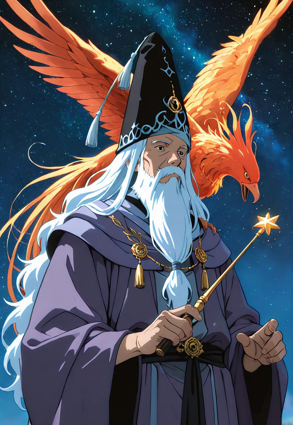 Portret Albusa Dumbledore’a w stylu anime: czarodziej z długą, białą brodą i fioletowymi szatami, trzymający różdżkę z gwiazdą na końcu, a za nim, na tle gwieździstego nocnego nieba, widać dużego, pomarańczowego feniksa.