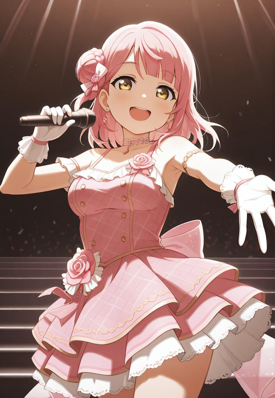 Ayumu Uehara z zespołu Love Live! Nijigasaki High School Idol Club, promiennie się uśmiecha, śpiewając do mikrofonu na scenie. Ma na sobie bogato zdobiony różowo-biały kostium idolki, ozdobiony motywami róż.