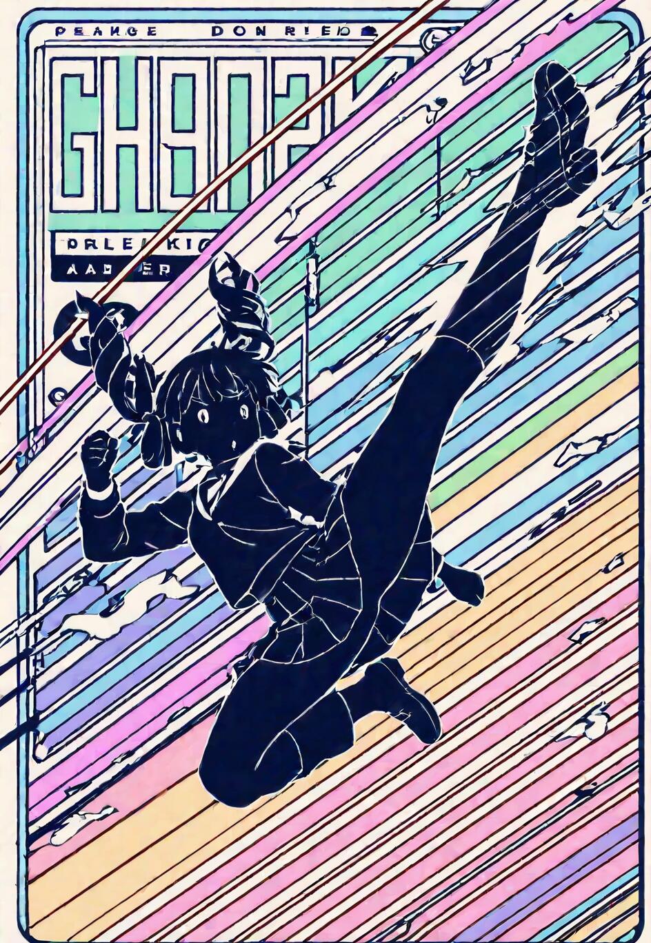 Cyfrowa ilustracja w stylu anime, przedstawiająca sylwetkę uczennicy z zaplecionymi w dwa kucyki włosami, wykonującej wysokie kopnięcie. Kontur postaci jest biały, a w tle widoczne są kolorowe, ukośne pasy w pastelowych odcieniach, co sugeruje szybkość i dynamikę.