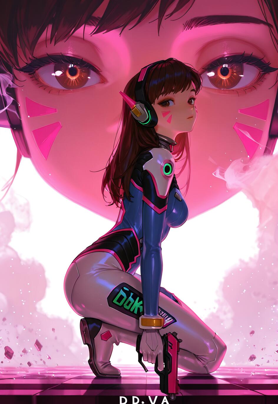 Ilustracja przedstawiająca D.Va z gry Overwatch w pełnej postaci, klęczącą na różowo-czarnej szachownicowej podłodze. Ma na sobie swój kombinezon pilota, trzyma różowy pistolet i spogląda przez ramię. W tle widoczny jest duży, zbliżony portret jej twarzy, zabarwiony na różowo.