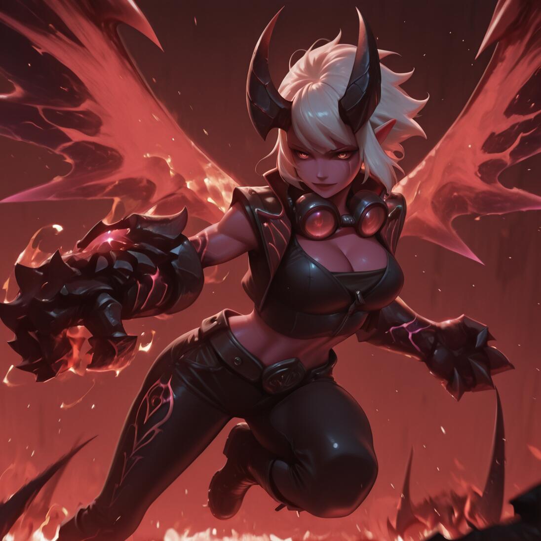 Cyfrowa ilustracja przedstawiająca Demon Vi z gry League of Legends – potężną demoniczną dziewczynę o białych włosach, różowej skórze, dużych rogach i świecących na czerwono skrzydłach, która z rozmachem atakuje, dzierżąc ogromną rękawicę, na tle płonącego krajobrazu.
