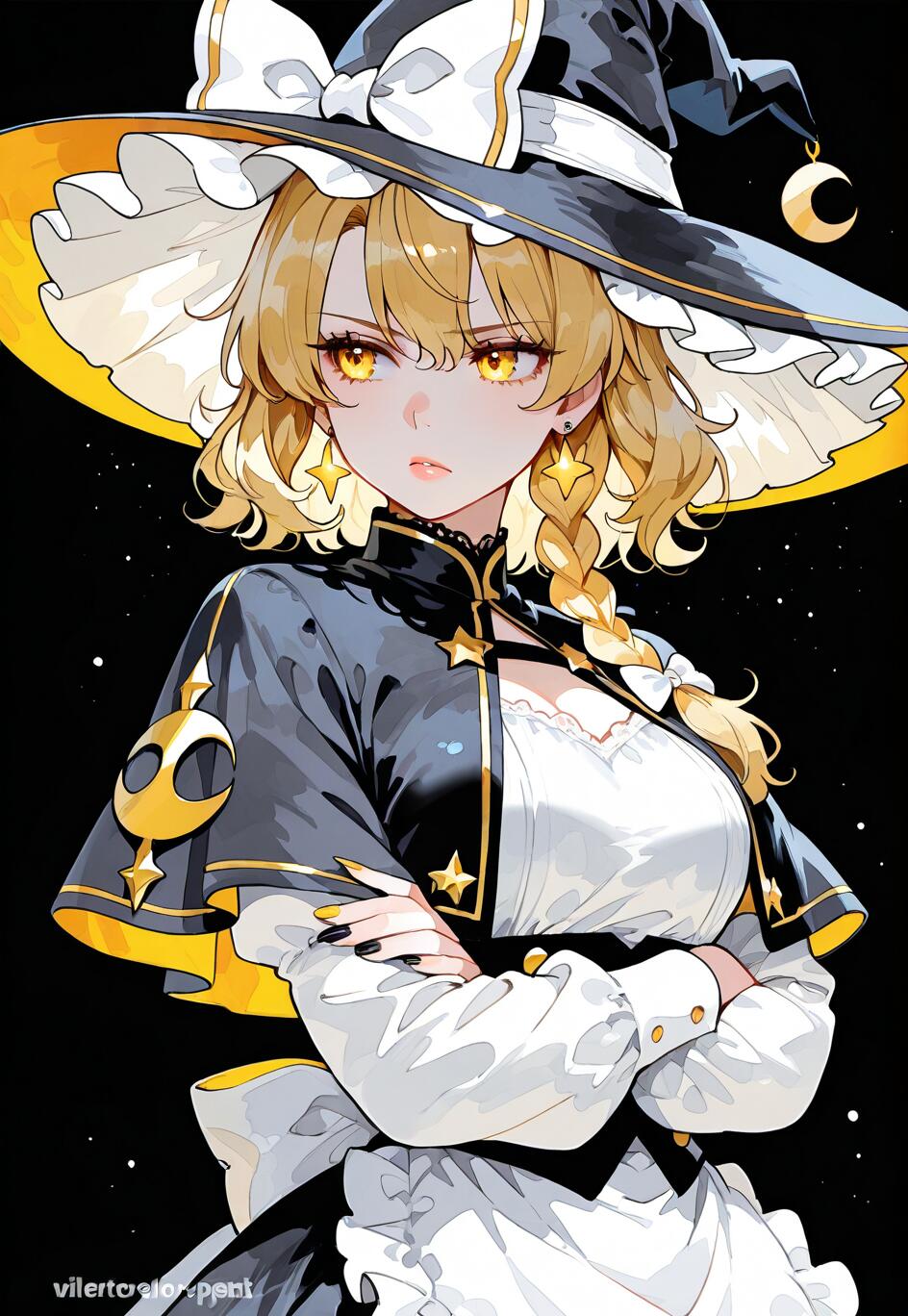 Ilustracja w stylu anime przedstawiająca Marisę Kirisame z serii Touhou Project. Blondynka, przypominająca czarownicę, ma świecące na żółto oczy, ubrana jest w duży czarny kapelusz z białą kokardą oraz czarno-białą sukienkę. Stoi, opierając ręce na biodrach, na tle czarnego, usianego gwiazdami nieba.