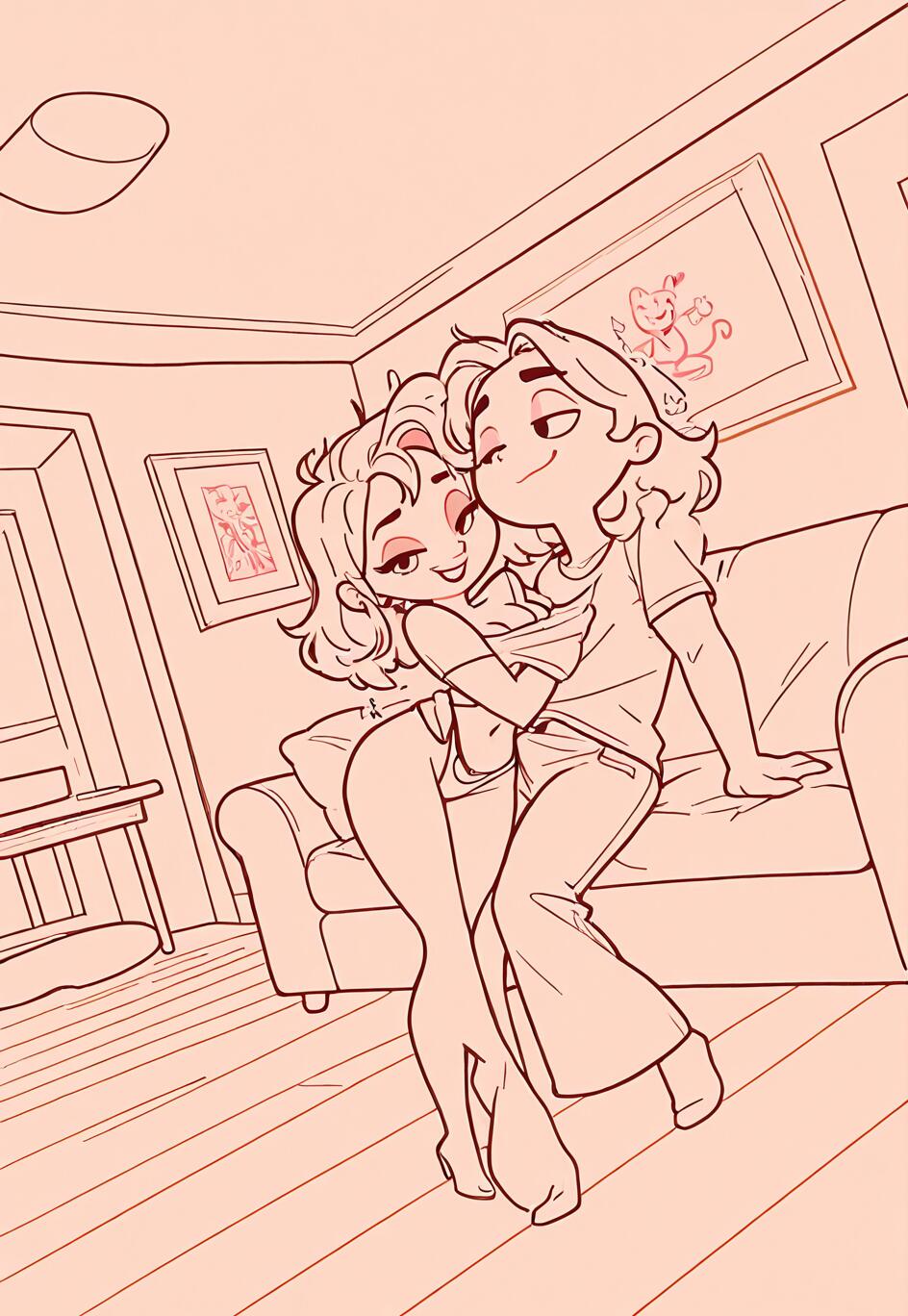 Stylizowany, kreskówkowy rysunek przedstawiający mężczyznę i kobietę, którzy w zabawny sposób przytulają się w salonie. Mężczyzna siedzi na oparciu sofy i unosi górną część ubrania kobiety, która stoi przed nim. Oboje się uśmiechają.