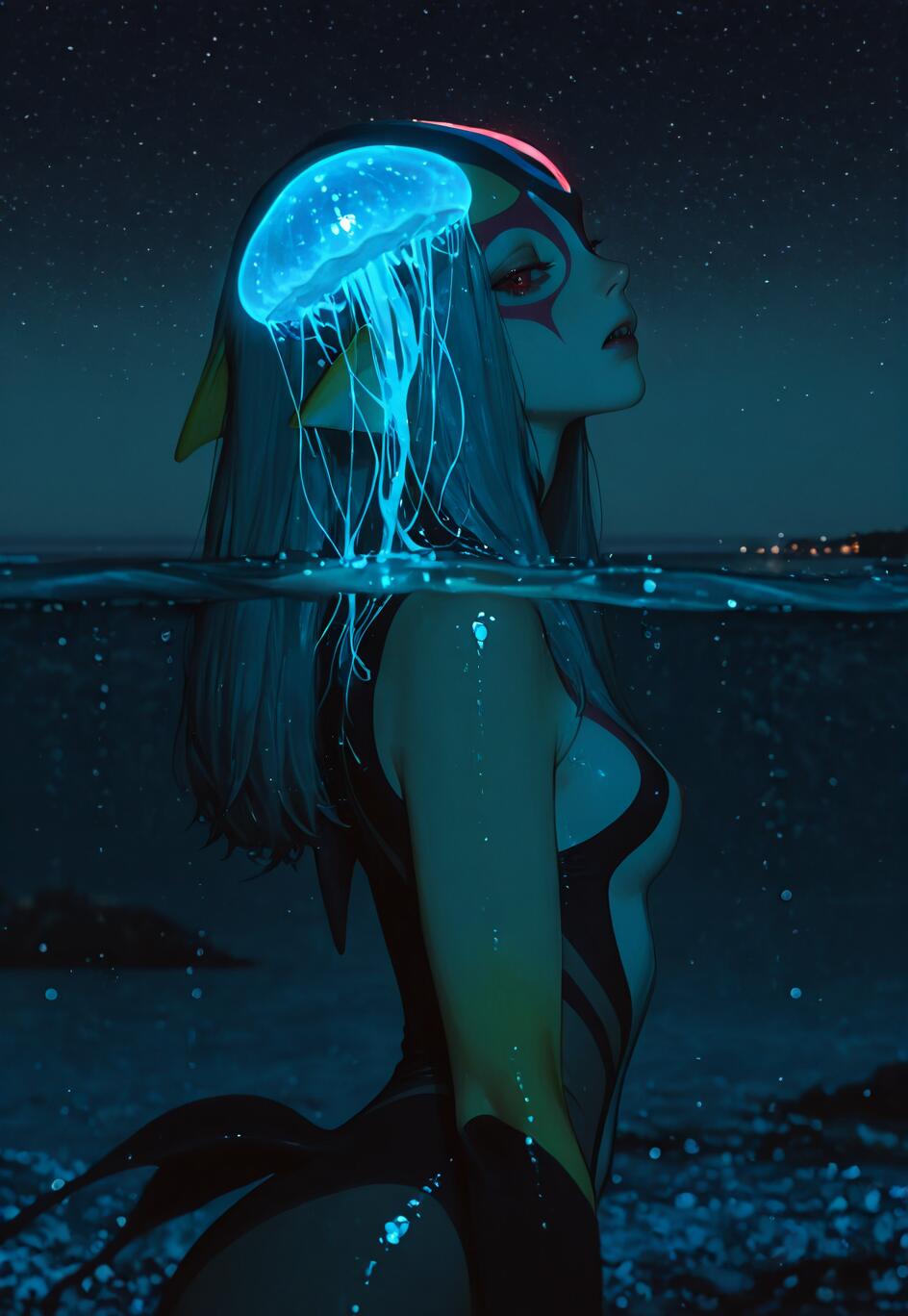 Na ilustracji przedstawiono postać Mutio z anime „Blue Submarine No. 6”, stojącą w oceanie nocą. Na jej głowie, niczym kapelusz, spoczywa duża, bioluminescencyjna, niebieska meduza, która oświetla jej twarz i siwe włosy na tle gwiaździstego nieba.
