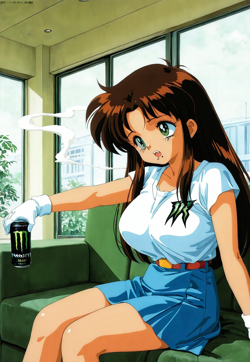 Ilustracja w stylu anime z lat 90., przedstawiająca Natsumi Tsujimoto z serialu „You’re Under Arrest”, siedzącą na zielonej kanapie i trzymającą puszkę napoju Monster Energy, a w pobliżu unosi się dym.