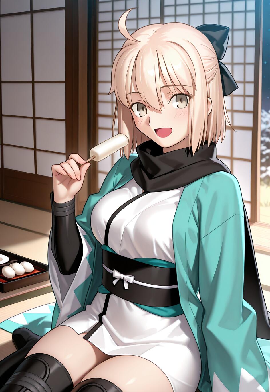 Okita Souji, blondynka, bohaterka anime z serii Fate/Grand Order, siedzi w tradycyjnym japońskim pokoju, uśmiecha się i trzyma w ręku dango. Ma na sobie turkusowy haori, który nosi na białej kimonie.