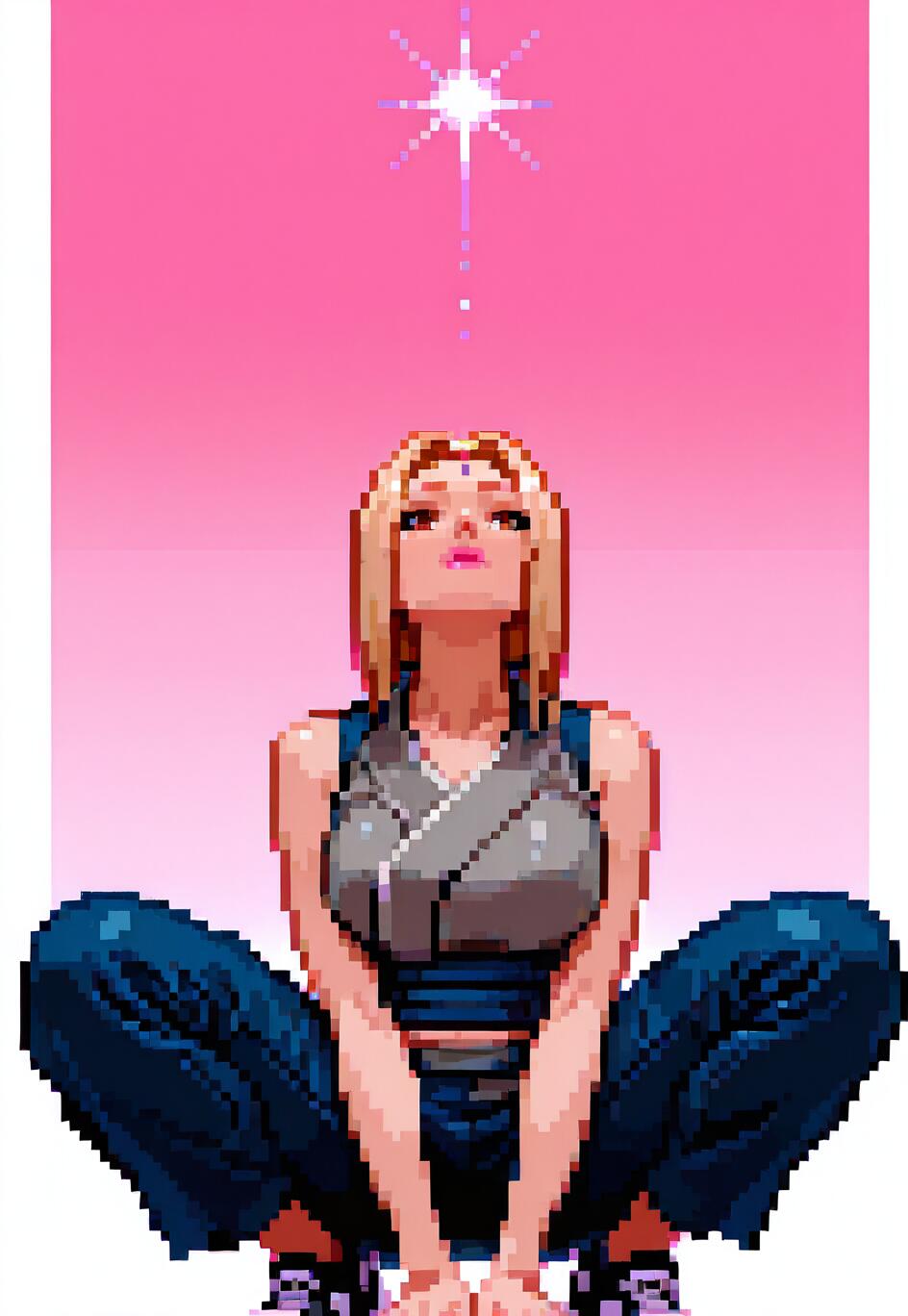 Grafika w stylu pixel art przedstawiająca Tsunade z serii Naruto, ujętą w pozycji skulonej, spoglądającej w górę na pojedynczą, jasną gwiazdę na tle różowej scenerii.