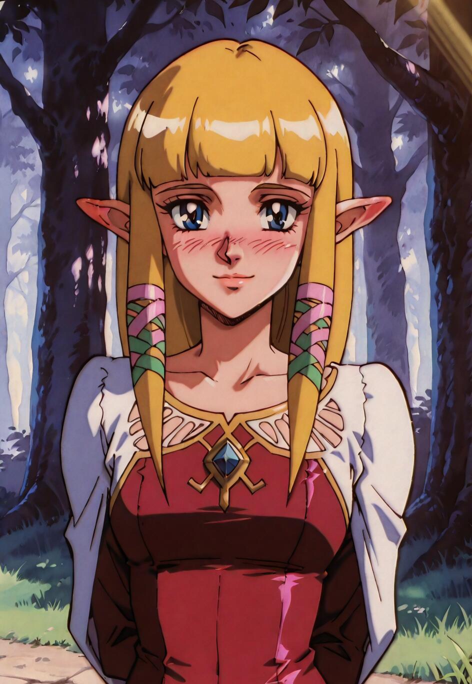 Na ilustracji przedstawiono księżniczkę Zeldę z gry Skyward Sword, stylizowaną na wzór anime z lat 90. Ma długie, blond włosy, spiczaste uszy i niebieskie oczy, a na jej twarzy maluje się delikatny rumieniec i łagodny uśmiech. Jest ubrana w różowo-czerwoną sukienkę i biały szal, a akcja rozgrywa się w lesie.
