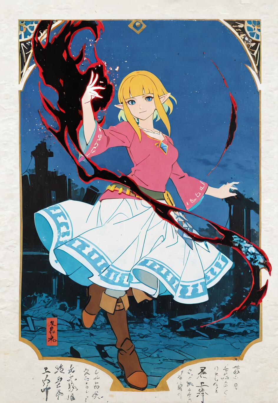 Pełnopostaciowa ilustracja księżniczki Zeldy z gry „The Legend of Zelda: Skyward Sword”, przedstawiona w japońskim stylu ukiyo-e. Ma blond włosy i delikatny uśmiech, a w prawej ręce tworzy wirujący, czarno-czerwony magiczny zaklęcie. W tle widać mroczne ruiny na tle głębokoniebieskiego, gwiaździstego nocnego nieba.