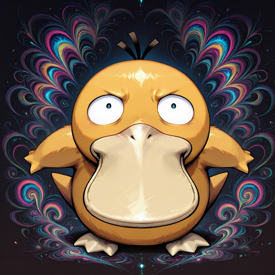 Pokémon Psyduck stoi na pierwszym planie, wyraźnie zdezorientowany i zestresowany, z szeroko otwartymi oczami i zmarszczonym czołem. Na ciemnym tle, za nim, rozpościera się symetryczny wachlarz jaskrawych, wirujących, psychodelicznych wzorów w odcieniach różu, niebieskiego, żółtego i zielonego.