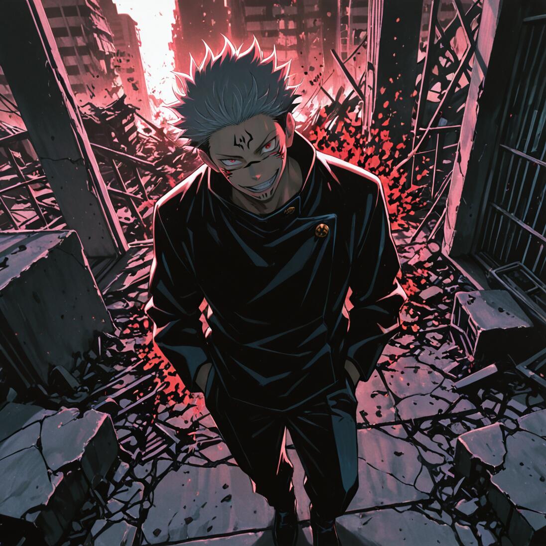 Ryomen Sukuna z anime „Jujutsu Kaisen” stoi w zrujnowanym mieście, a z góry, z lekko uniesioną głową, groźnie się uśmiecha, patrząc w obiektyw kamery.