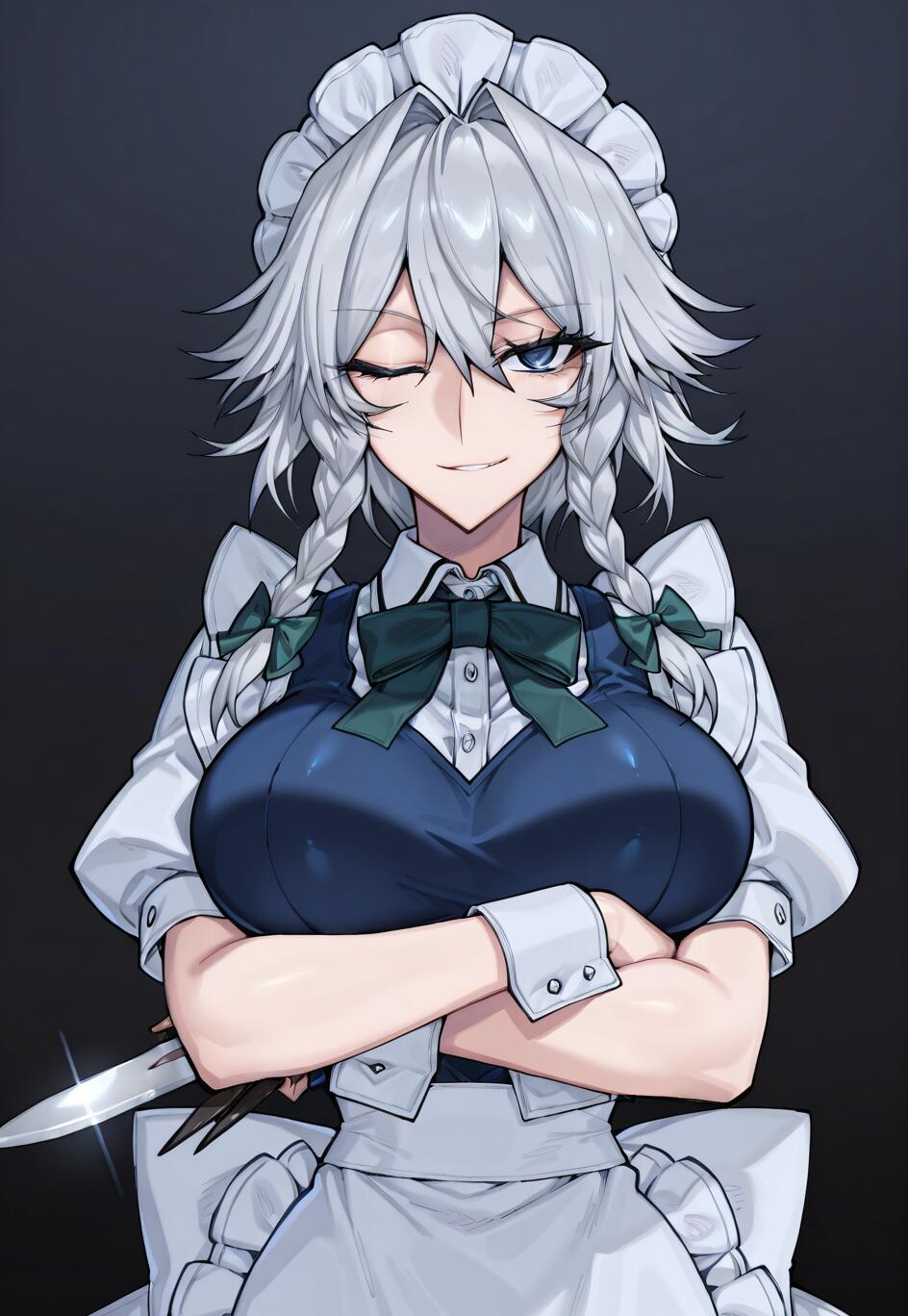 Sakuya Izayoi z serii Touhou Project, służąca o srebrnych, zaplecionych włosach, mruga i uśmiecha się z przekąsem, trzymając ręce na krzyż i nóż na ciemnym tle.