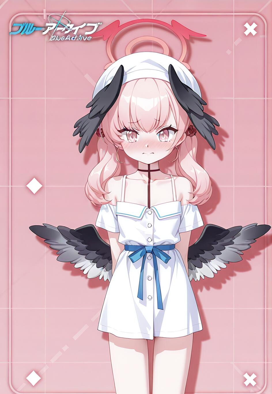 Ilustracja przedstawiająca Shimoe Koharu z gry Blue Archive w pełnej postaci. Ma różowe włosy i ubrana jest w białą letnią sukienkę z niebieską wstążką. Spogląda na widza z lekkim zakłopotaniem, a w tle widnieje różowe tło.