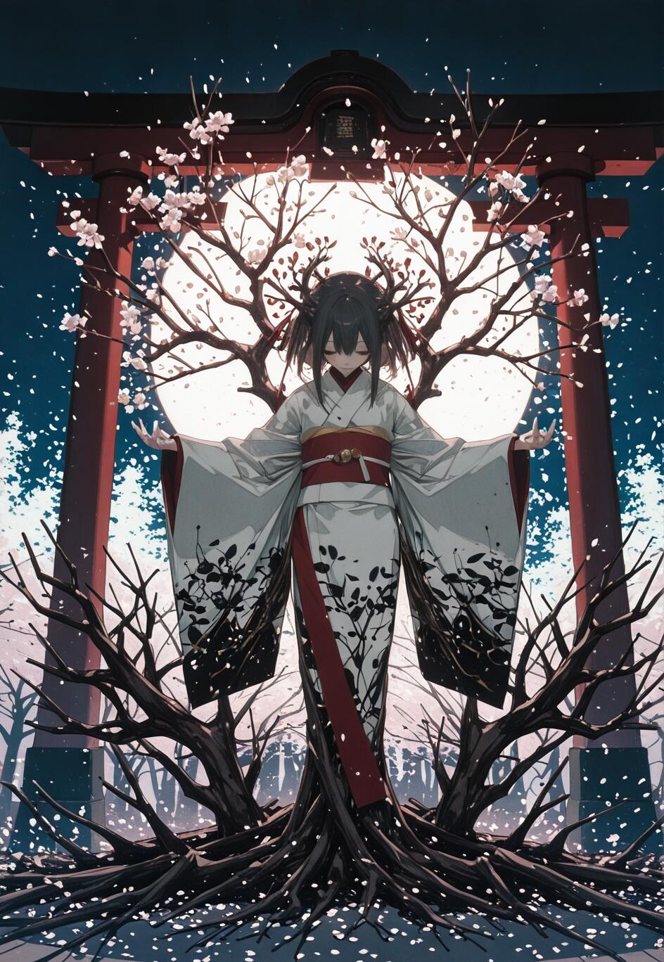 Ilustracja w stylu anime przedstawia młodą kobietę o ciemnych włosach, ubraną w biało-czarny kimono, stojącą przed czerwoną bramą torii. Jest ona złączona z ciemnym, powykręcanym drzewem, którego gałęzie, obsypane kwitnącymi kwiatami wiśni, tworzą ramę dla dużego, pełnego księżyca, który widać za nią.