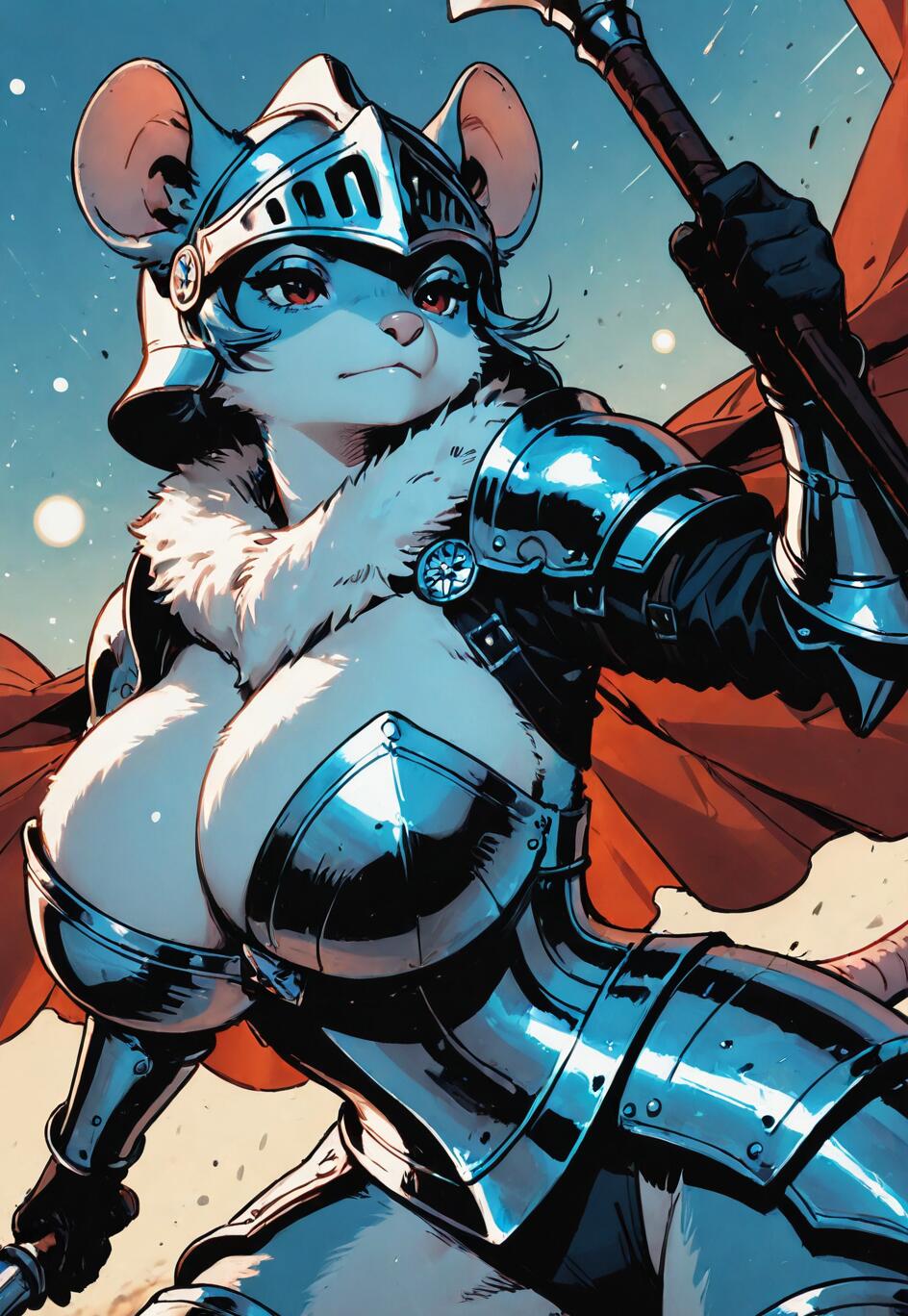 Cyfrowa ilustracja przedstawiająca antropomorficzną mysz, wojowniczkę, w pełnej płytowej zbroi i hełmie, trzymającą w ręku maczugę, a za nią powiewa czerwona peleryna. Na jej twarzy maluje się zdeterminowane wyraz.