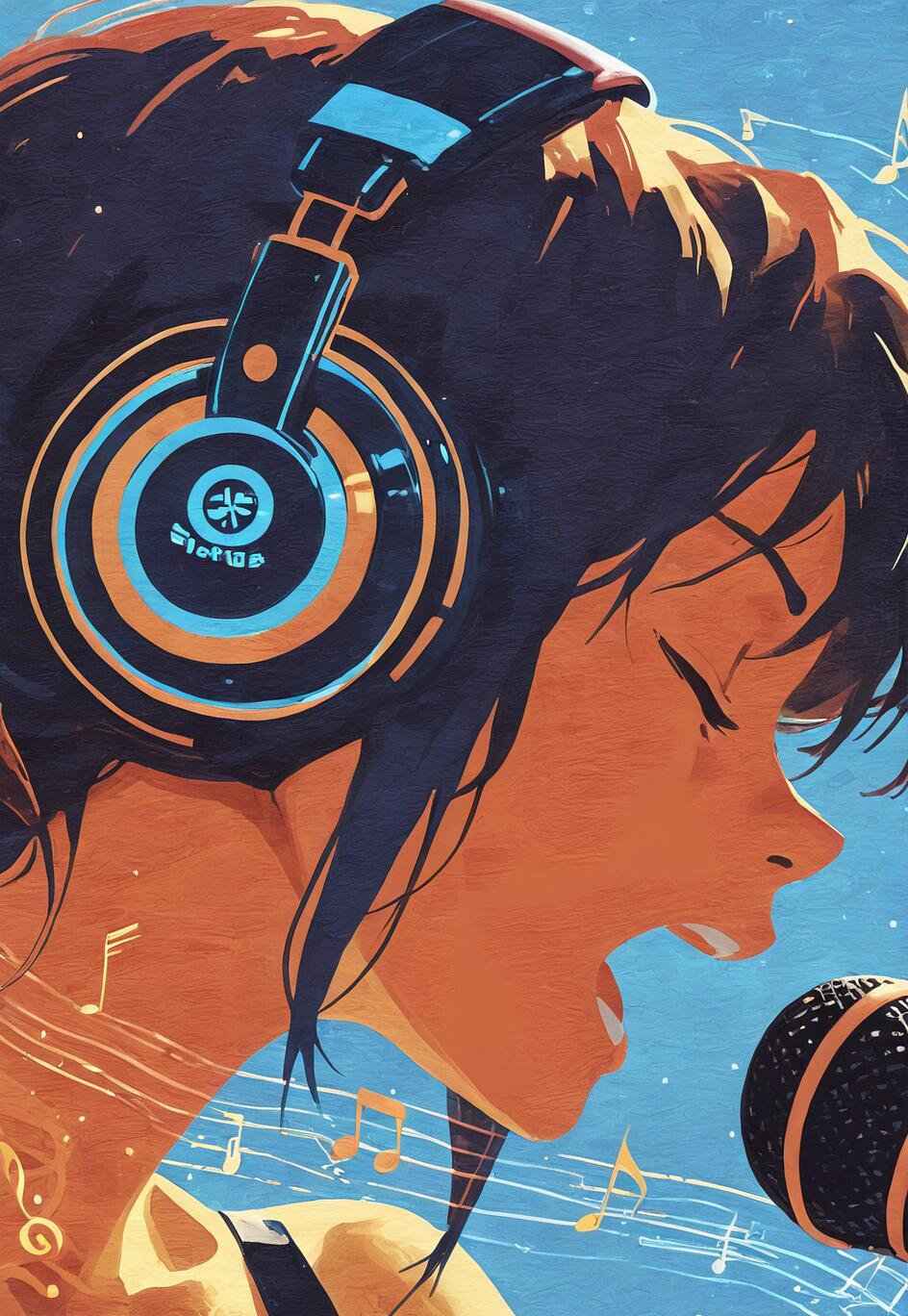 Stylizowany, malarski portret młodej kobiety o ciemnych włosach, która ma na sobie duże słuchawki i śpiewa z zamkniętymi oczami do mikrofonu, a w tle widać niebieskie tło z nutami muzycznymi.