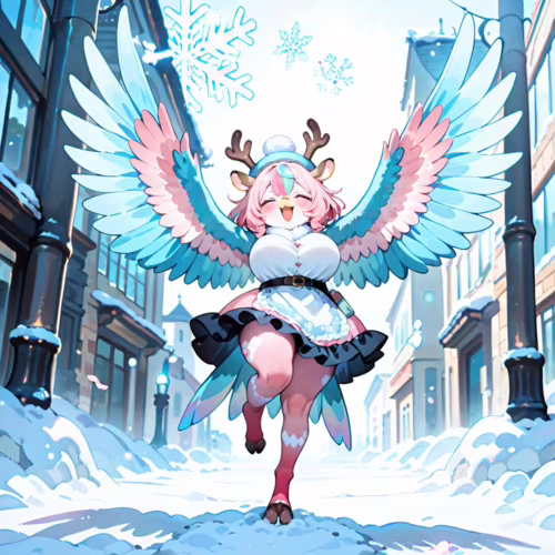 Ilustracja w stylu anime przedstawiająca radosną postać kobiecą o różowych włosach, z rogatymi porożami renifera i dużymi, niebiesko-różowymi, pierzastymi skrzydłami, stojącą na jednej nodze na ośnieżonej ulicy miasta.