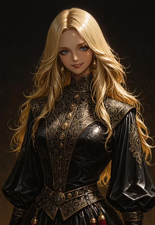 Cyfrowe malowidło przedstawiające młodą kobietę od pasa w górę. Ma długie, falujące, blond włosy i niebieskie oczy, a na jej twarzy maluje się łagodny uśmiech. Ubrana jest w bogato zdobioną, czarno-złotą, fantastyczną suknię z wysokim kołnierzem, a w tle widnieje ciemne tło.
