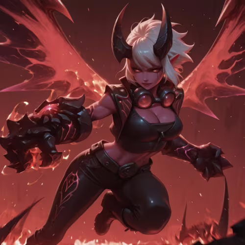 Cyfrowa ilustracja przedstawiająca Demon Vi z gry League of Legends – potężną demoniczną dziewczynę o białych włosach, różowej skórze, dużych rogach i świecących na czerwono skrzydłach, która z rozmachem atakuje, dzierżąc ogromną rękawicę, na tle płonącego krajobrazu.