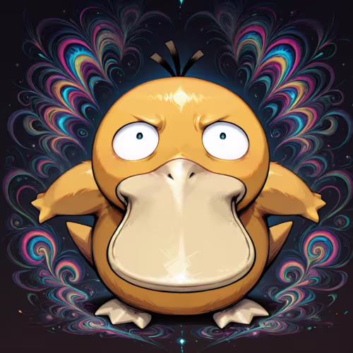 Pokémon Psyduck stoi na pierwszym planie, wyraźnie zdezorientowany i zestresowany, z szeroko otwartymi oczami i zmarszczonym czołem. Na ciemnym tle, za nim, rozpościera się symetryczny wachlarz jaskrawych, wirujących, psychodelicznych wzorów w odcieniach różu, niebieskiego, żółtego i zielonego.