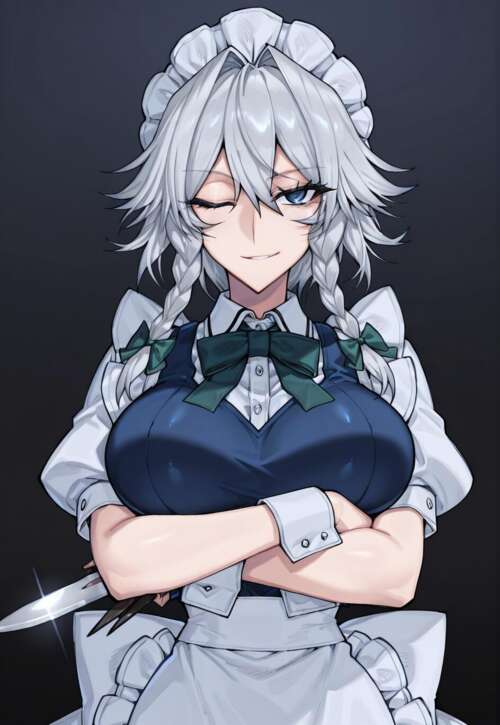 Sakuya Izayoi z serii Touhou Project, służąca o srebrnych, zaplecionych włosach, mruga i uśmiecha się z przekąsem, trzymając ręce na krzyż i nóż na ciemnym tle.